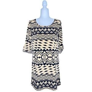 GEO PRINT CUFFED MID-SLEEVE MIDI SHIRTDRESS W/ SCOOP NECKLINE · SIZE M